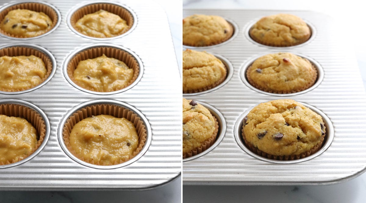 almond flour muffin batter added to muffin pan and baked