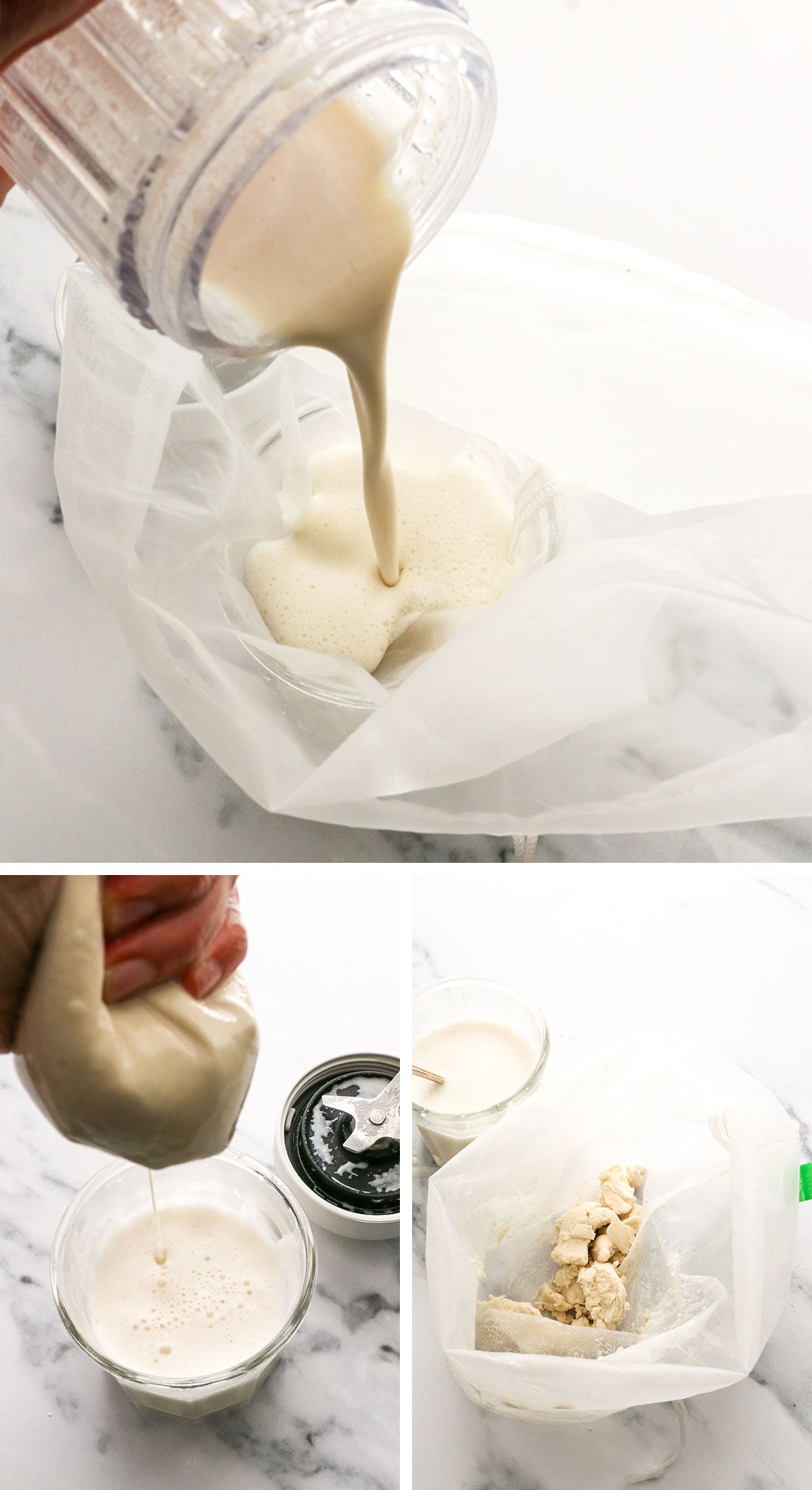 blended almond creamer strained through a nut milk bag and showing the leftover pulp.