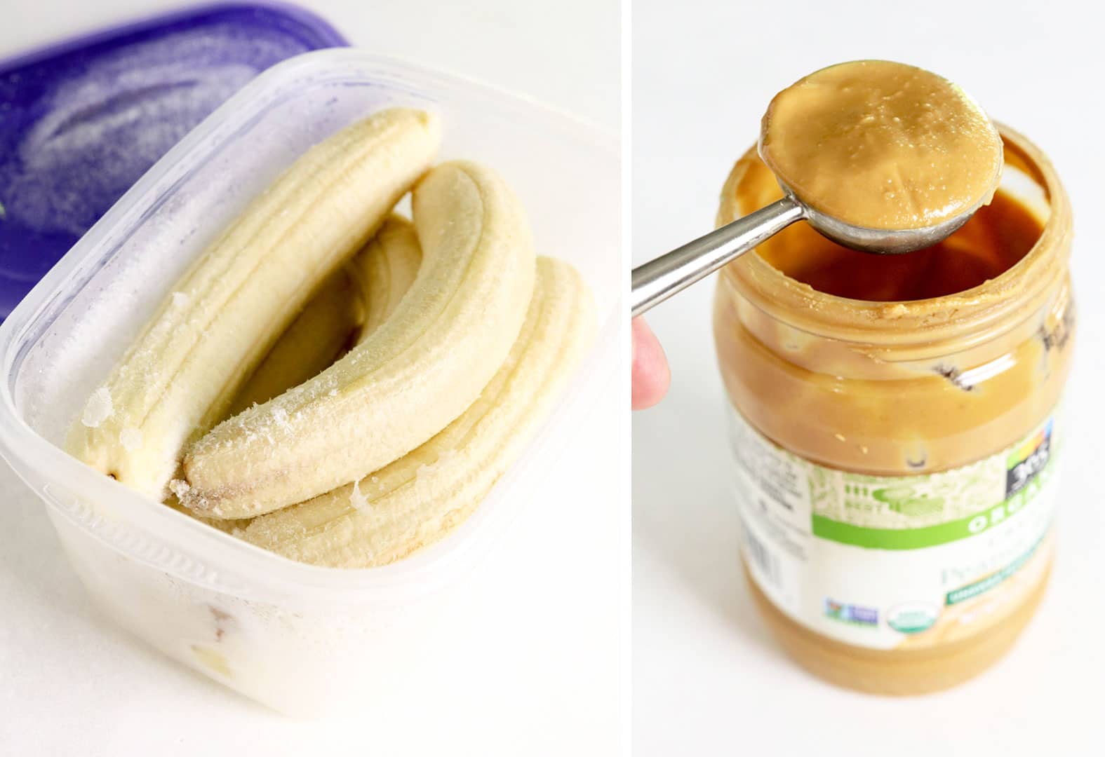 frozen bananas in container and peanut butter