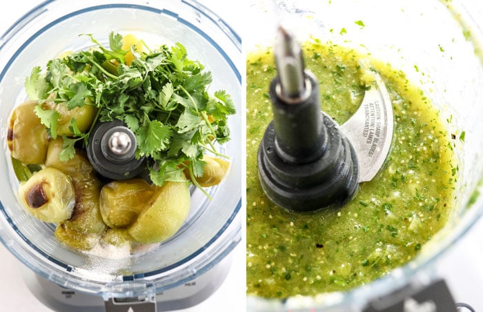 tomatillo salsa ingredients in food processor