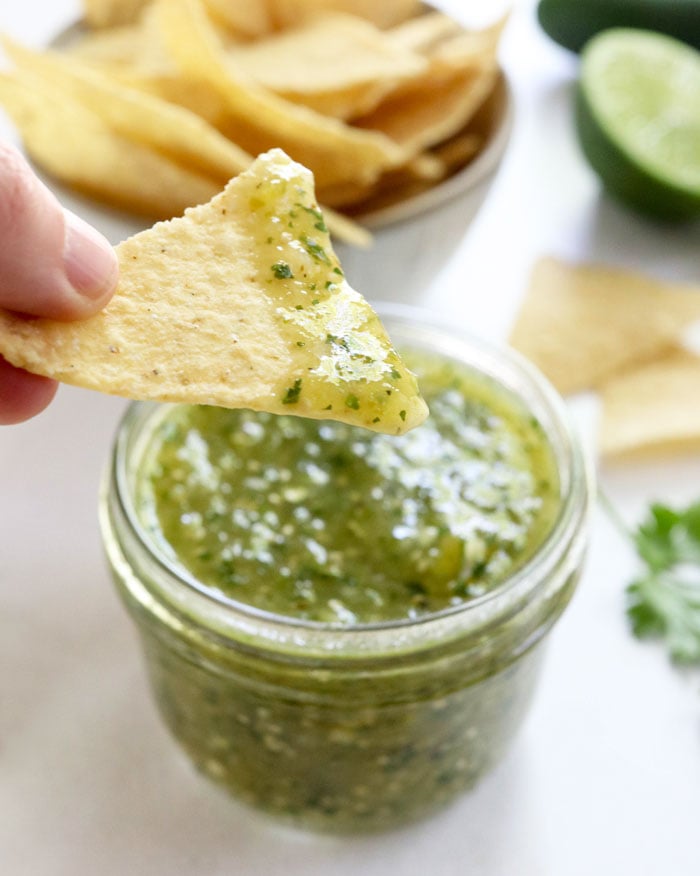 tomatillo salsa on chip