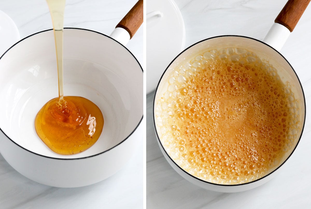 boiled honey in white pan.