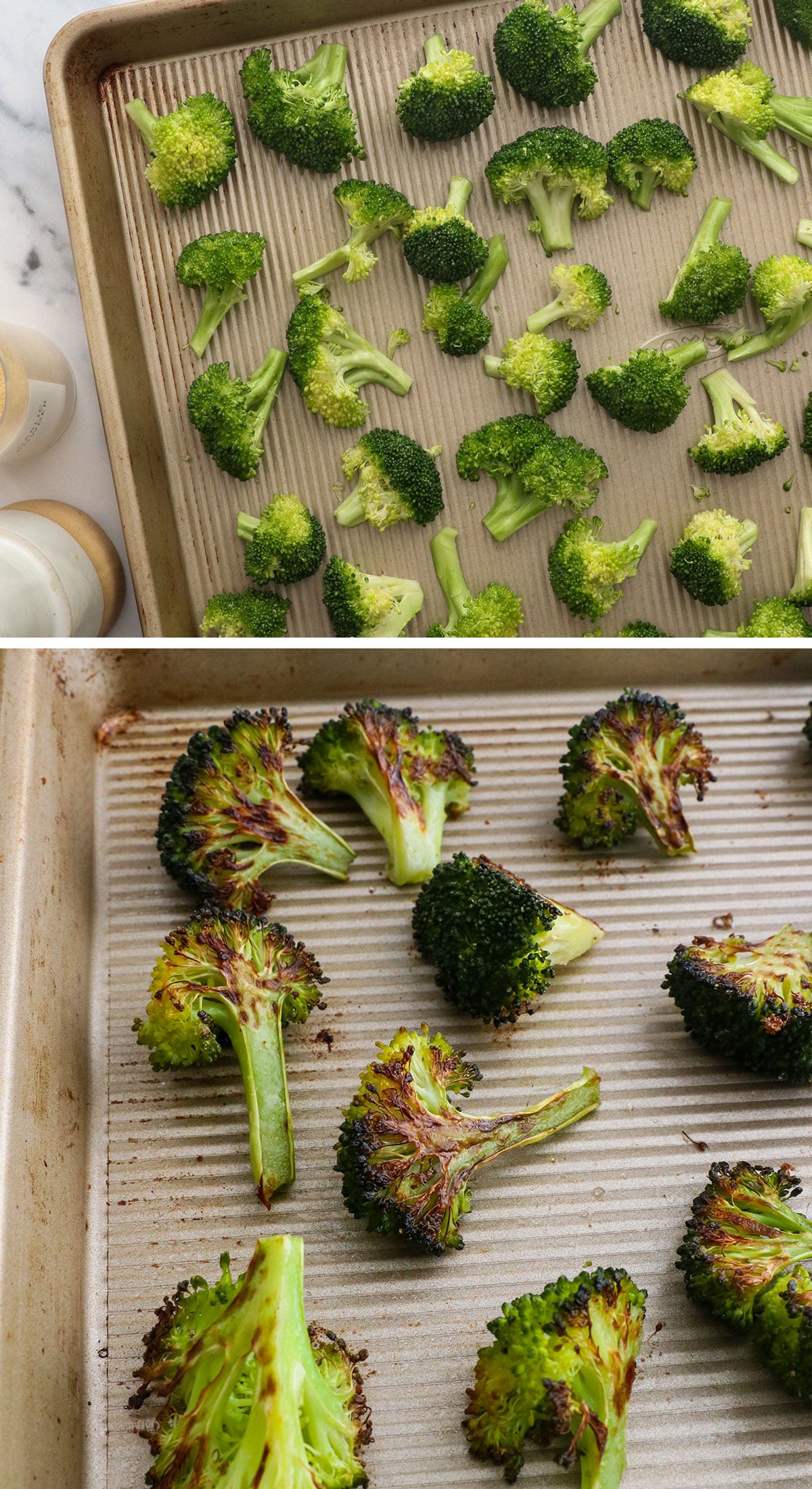 broccoli on a pan before and after roasting.