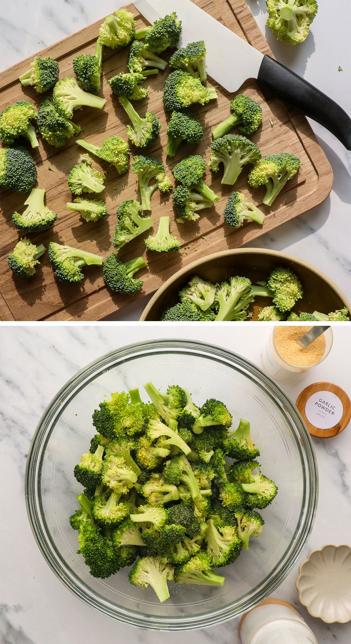 broccoli cut into pieces and seasoned in a bowl.