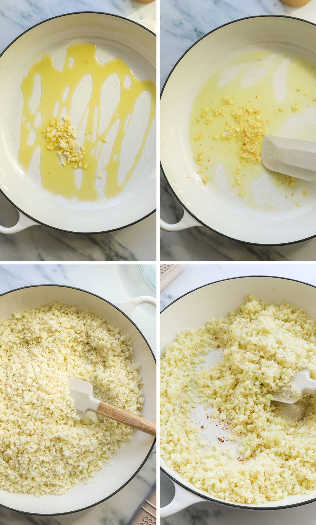 garlic cooked in olive oil and with cauliflower rice.