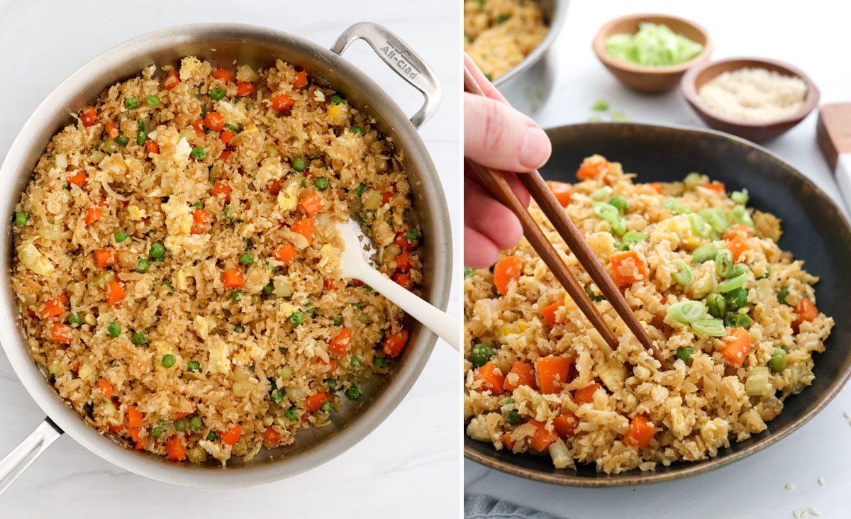 caulflower fried rice in skillet and served with chopsticks.