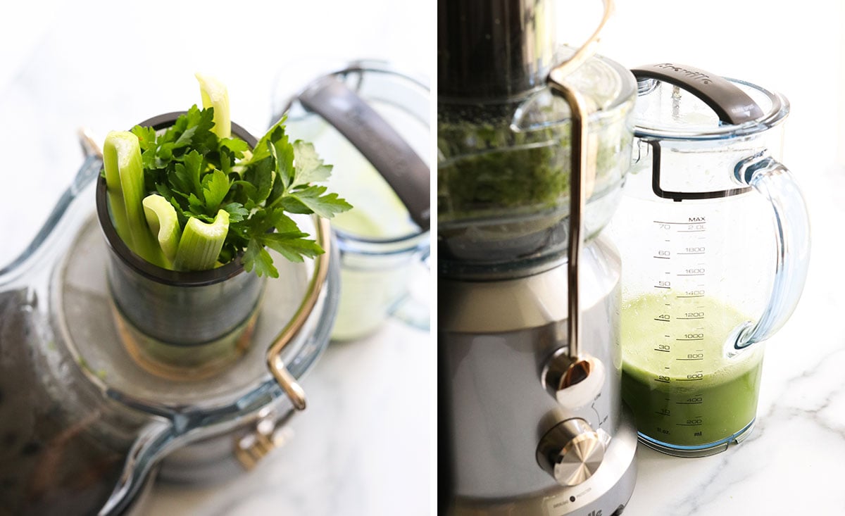 celery and parsley in juicer chute and green juice in pitcher.