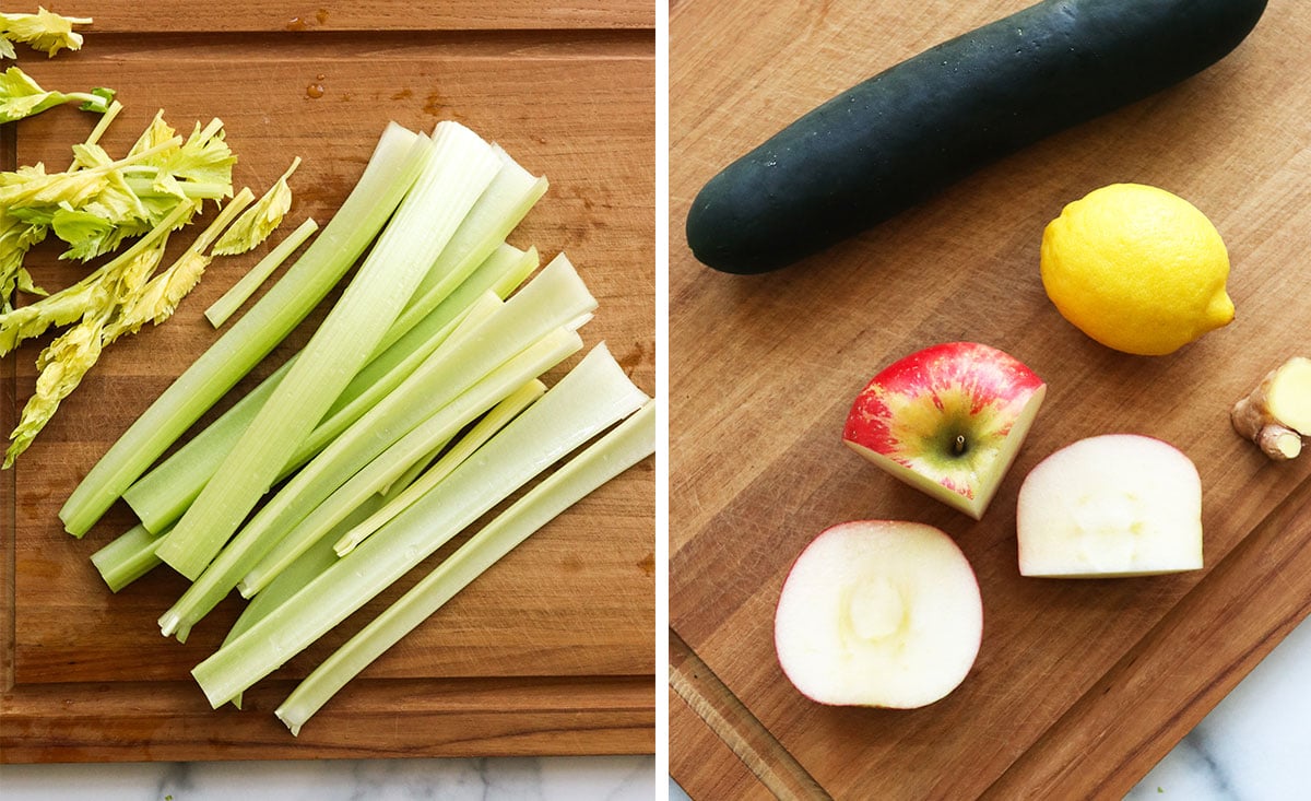 celery leaves removed on cutting board and apple sides sliced off.