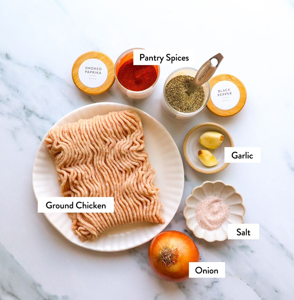 ground chicken and spices labeled on a white surface.