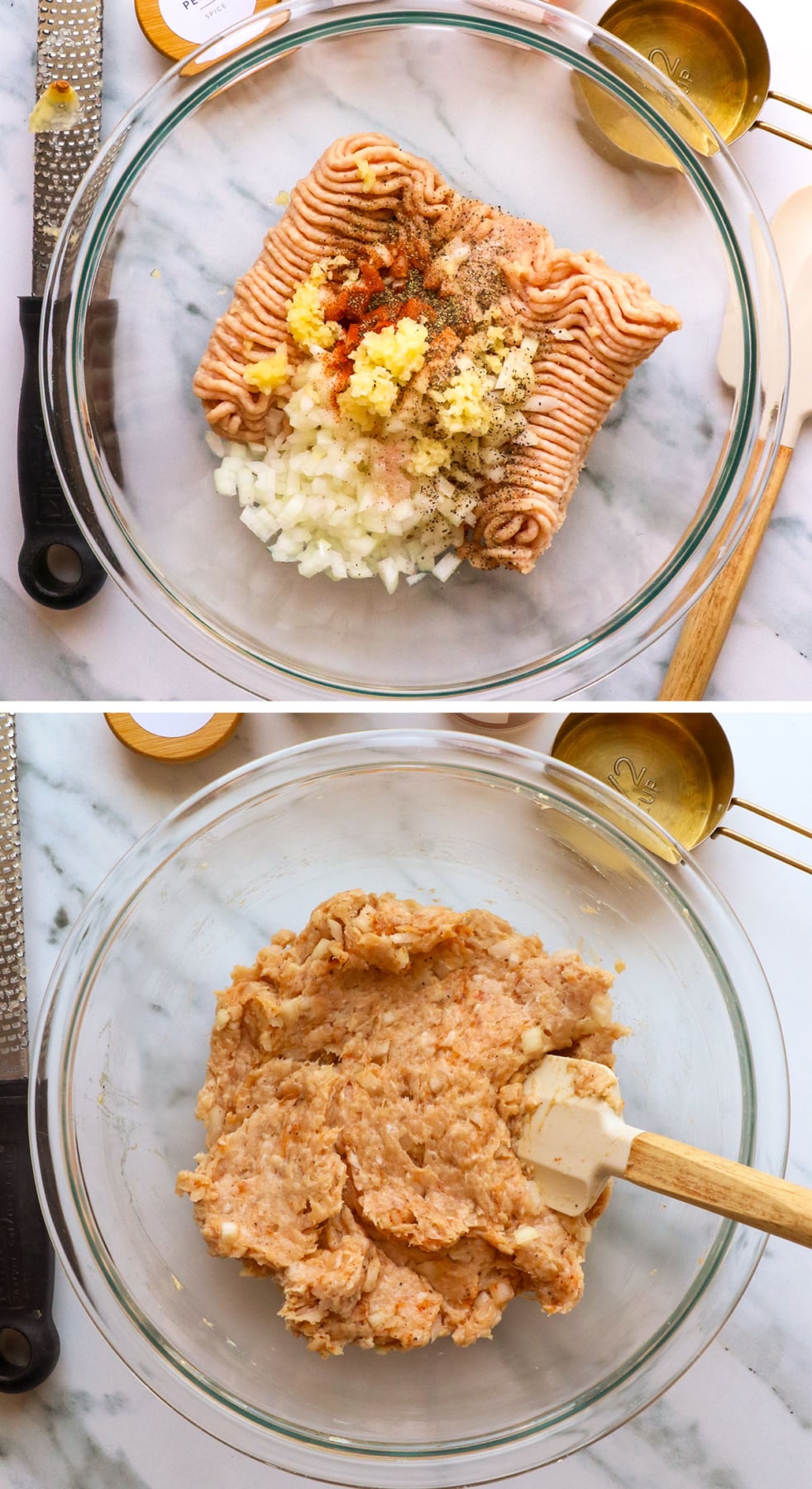 chicken burger mixture stirred in a glass bowl.