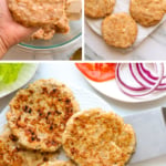 chicken burgers shaped and cooked on a plate.