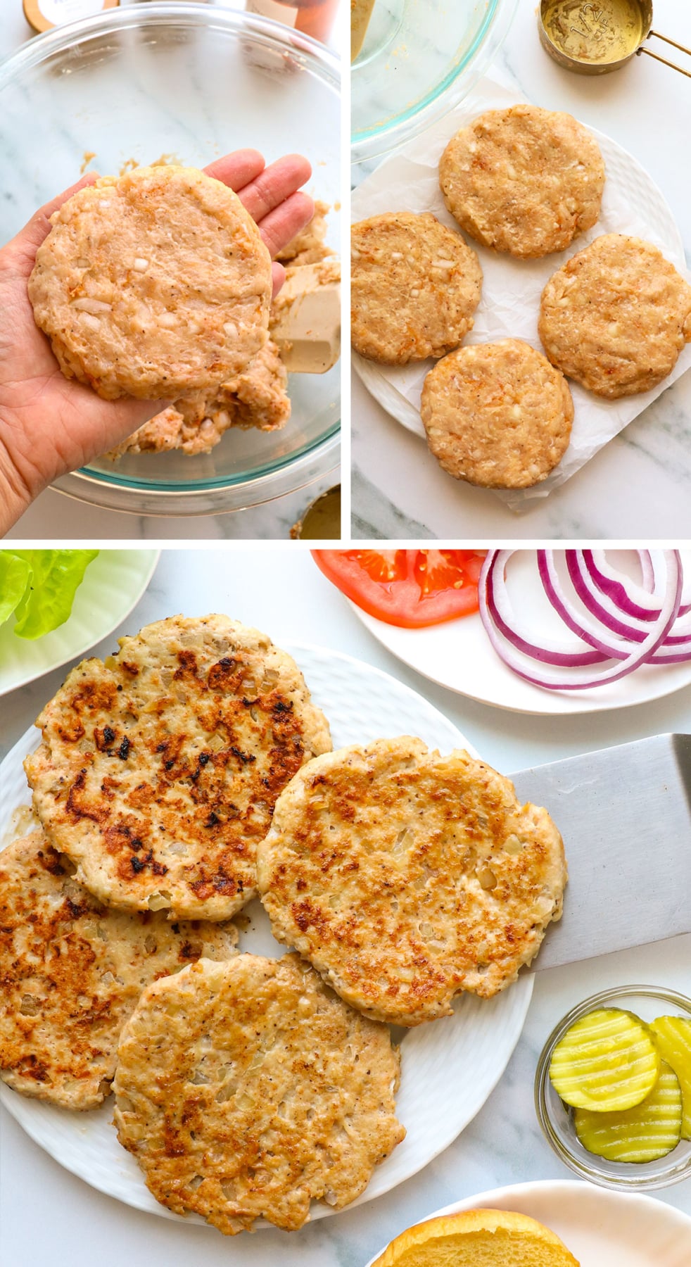 chicken burgers shaped and cooked on a plate.