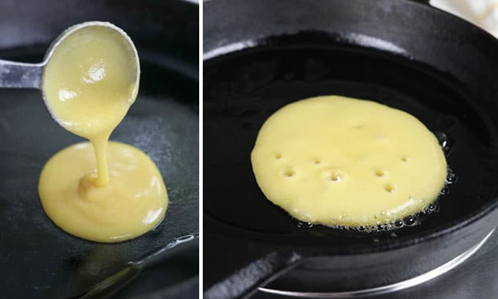 coconut flour pancakes in skillet cooking