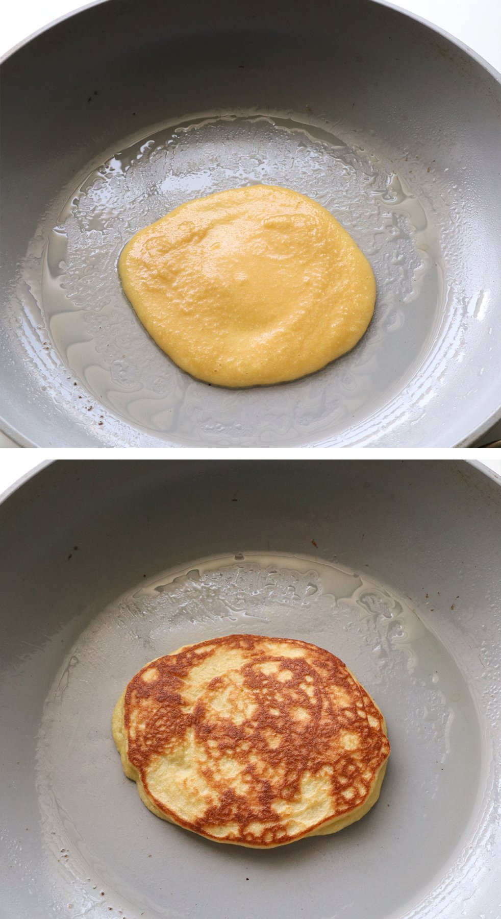 coconut flour pancake batter spread out in a gray pan and flipped over after cooking.