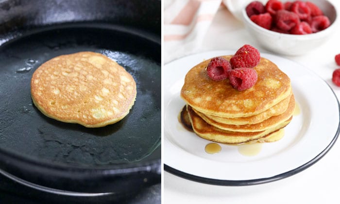 cooked coconut flour pancake in skillet and stacked on plate