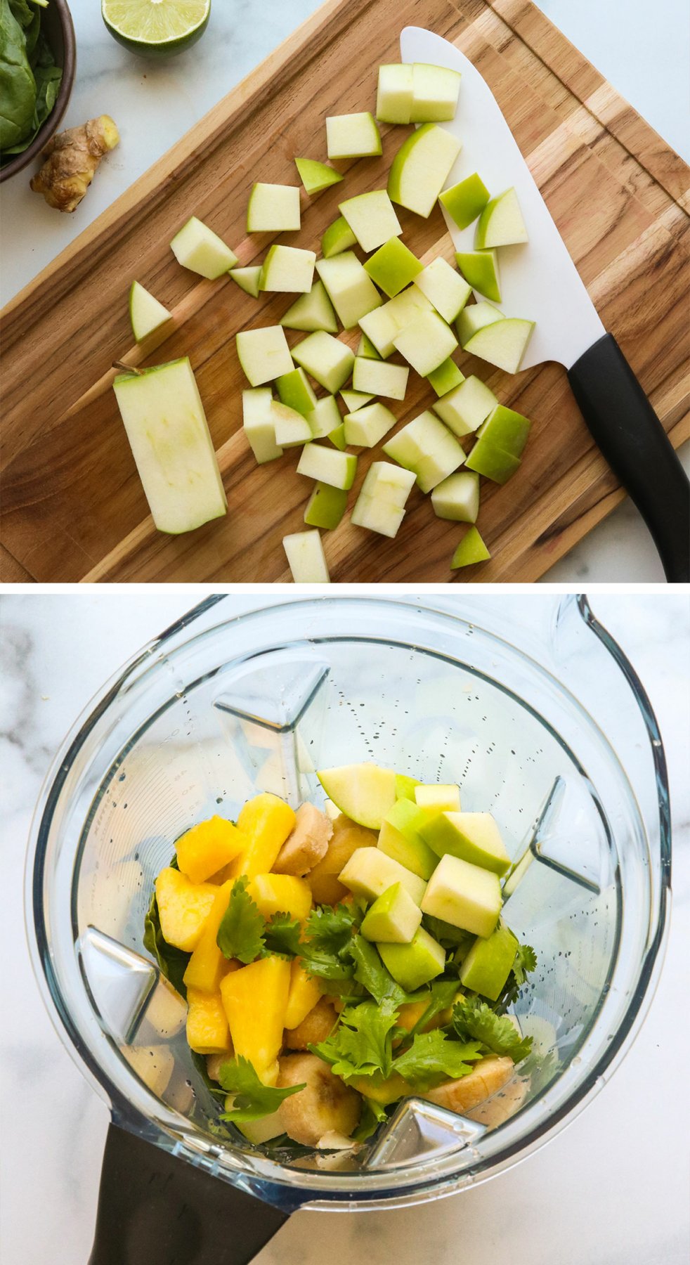 green apple cut on cutting board and added to a blender pitcher.