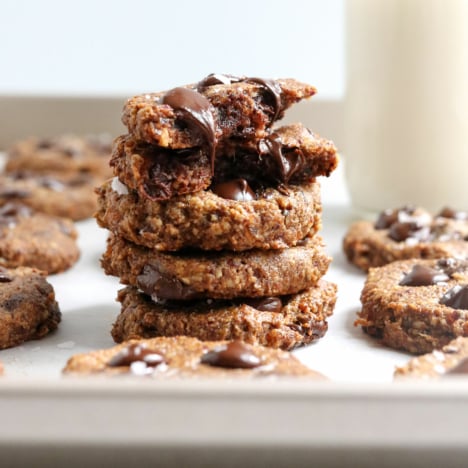 healthy cookies stacked with dripping chocolate