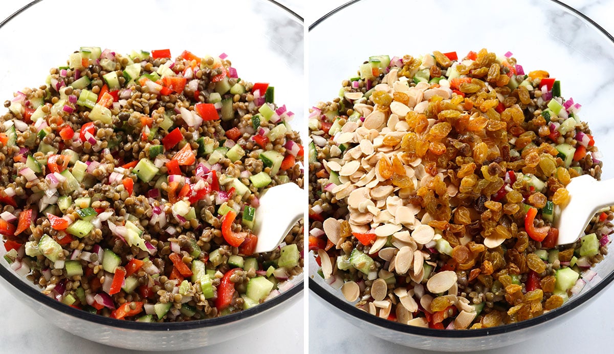 lentils, raisins, and almonds mixed into the salad bowl.