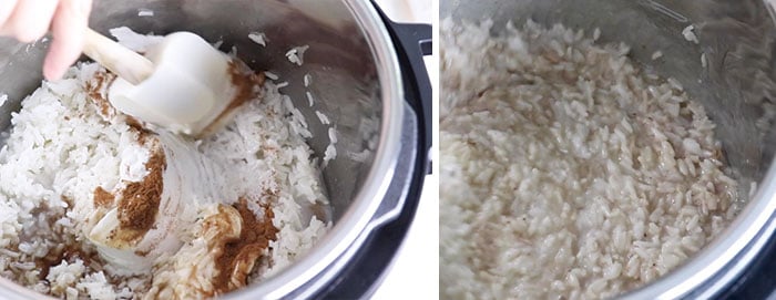 rice pudding stirred together in instant pot