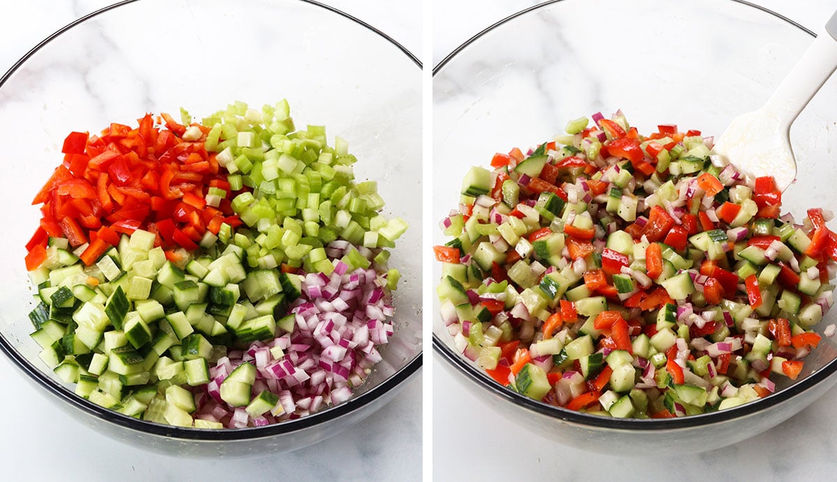 diced vegetables added to the bowl of dressing and mixed.