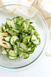 cucumber salad overhead in bowl