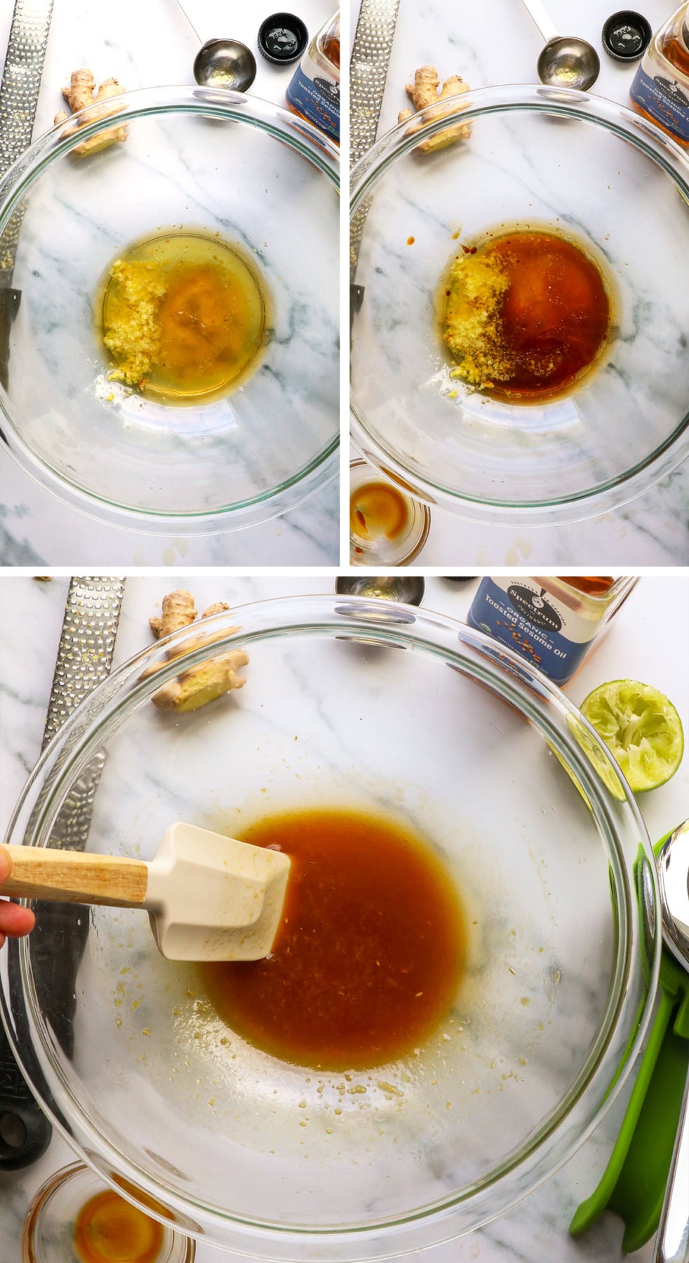 honey, lime juice, sesame oil, and tamari mixed in a big bowl. 