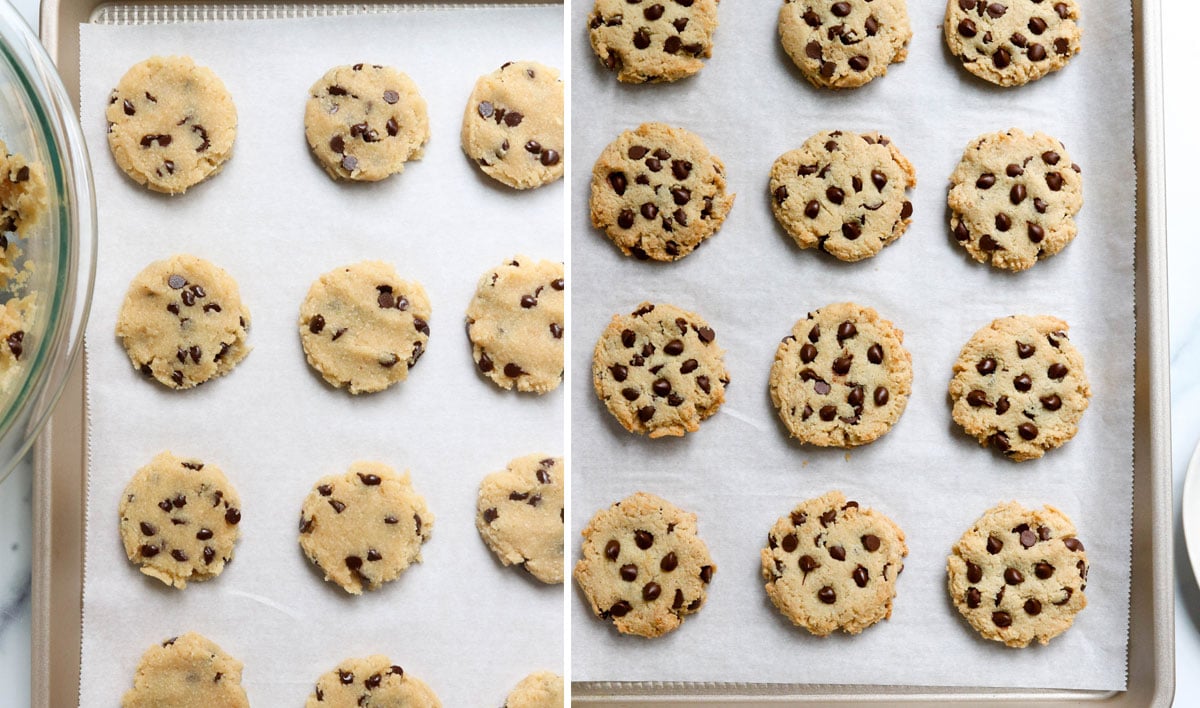 unbaked and baked almond flour cookies on pan