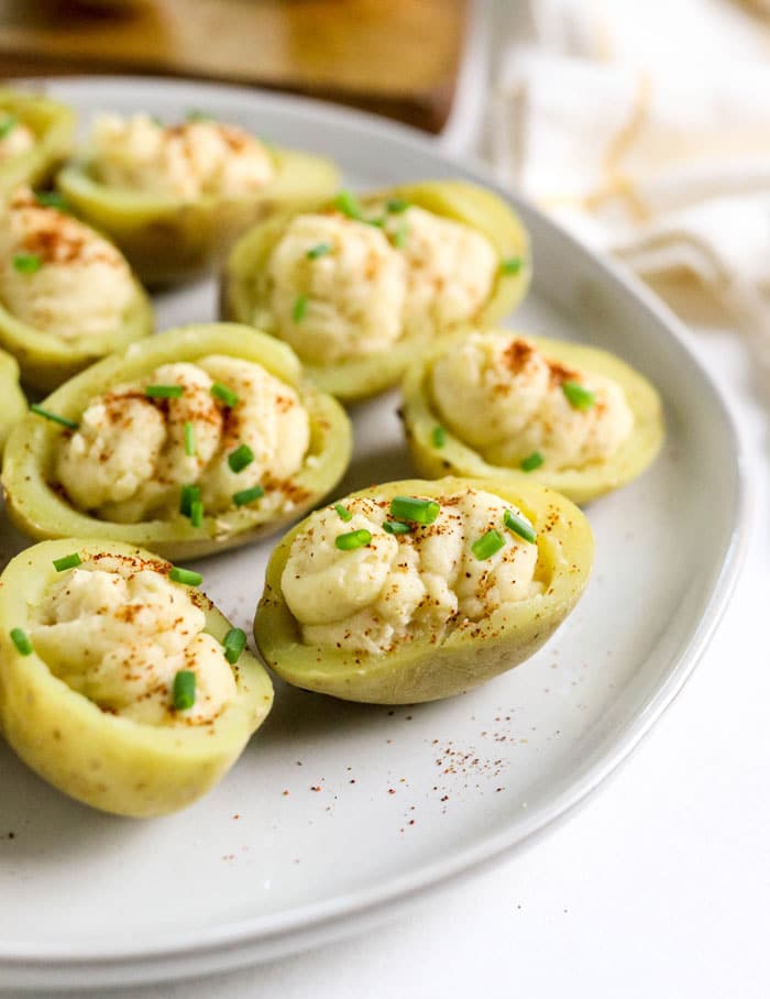 deviled potatoes on a white plate