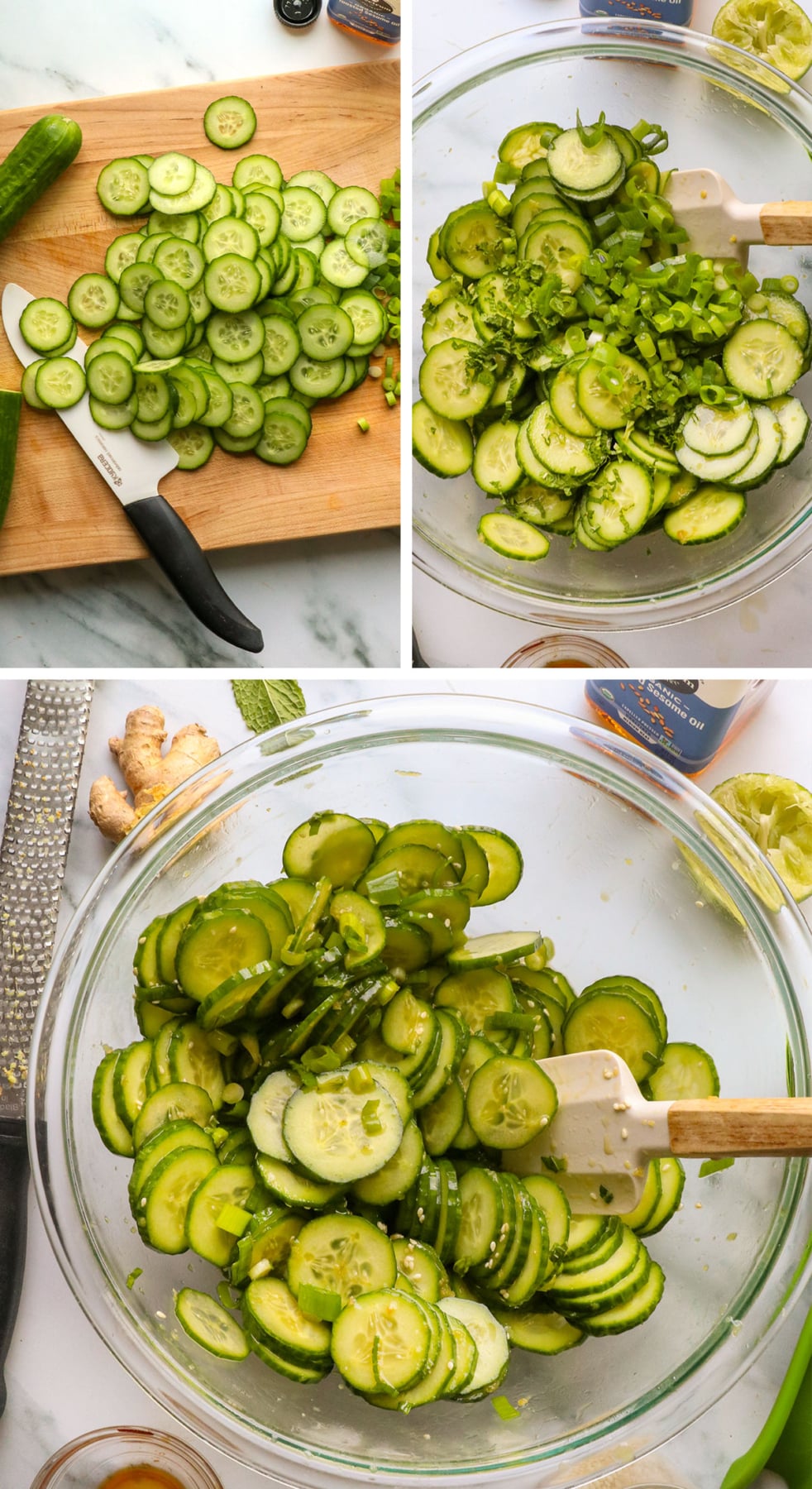 small cucumbers sliced and tossed with herbs in dressing for an asian salad. 