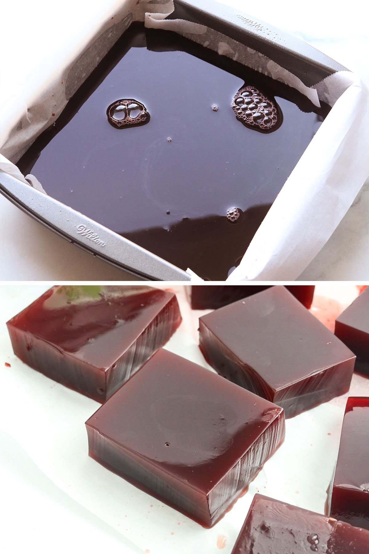jello chilled in a pan and sliced into squares. 