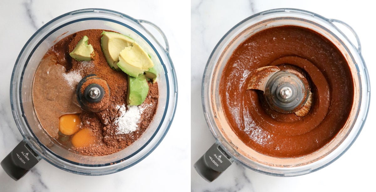 avocado brownie ingredients blended in food processor