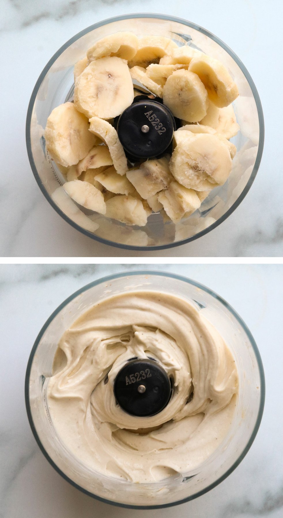 one frozen banana blended in a mini food processor to make soft serve.