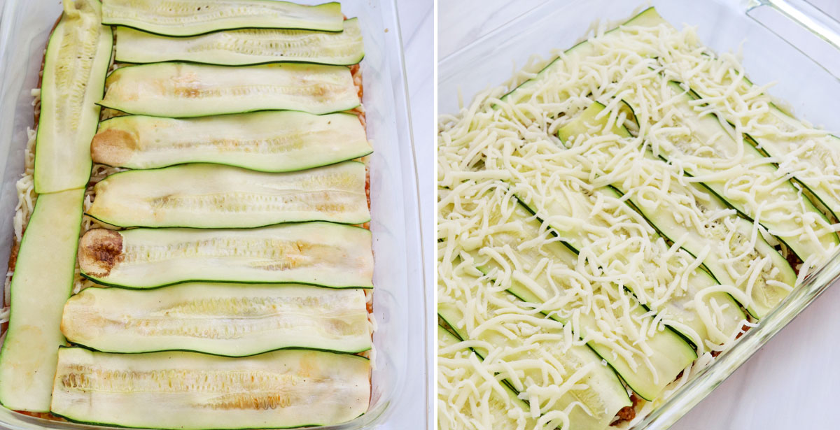 final layer of zucchini and cheese added to pan.