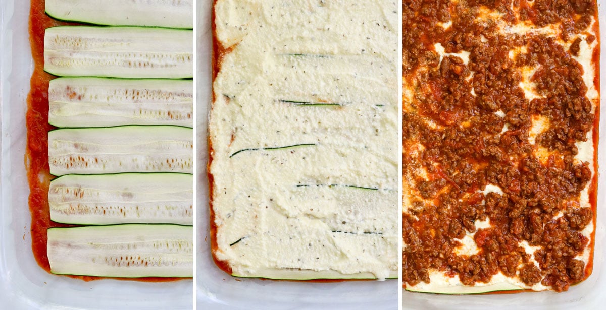 layers of zucchini lasagna with ricotta and meat sauce.