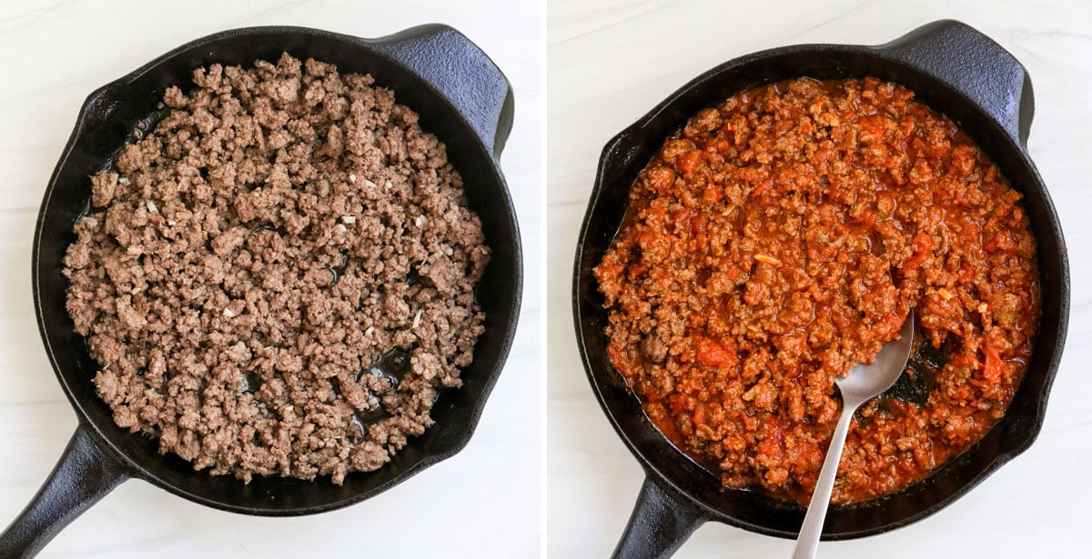 ground beef sauteed in skillet with tomato sauce added in.