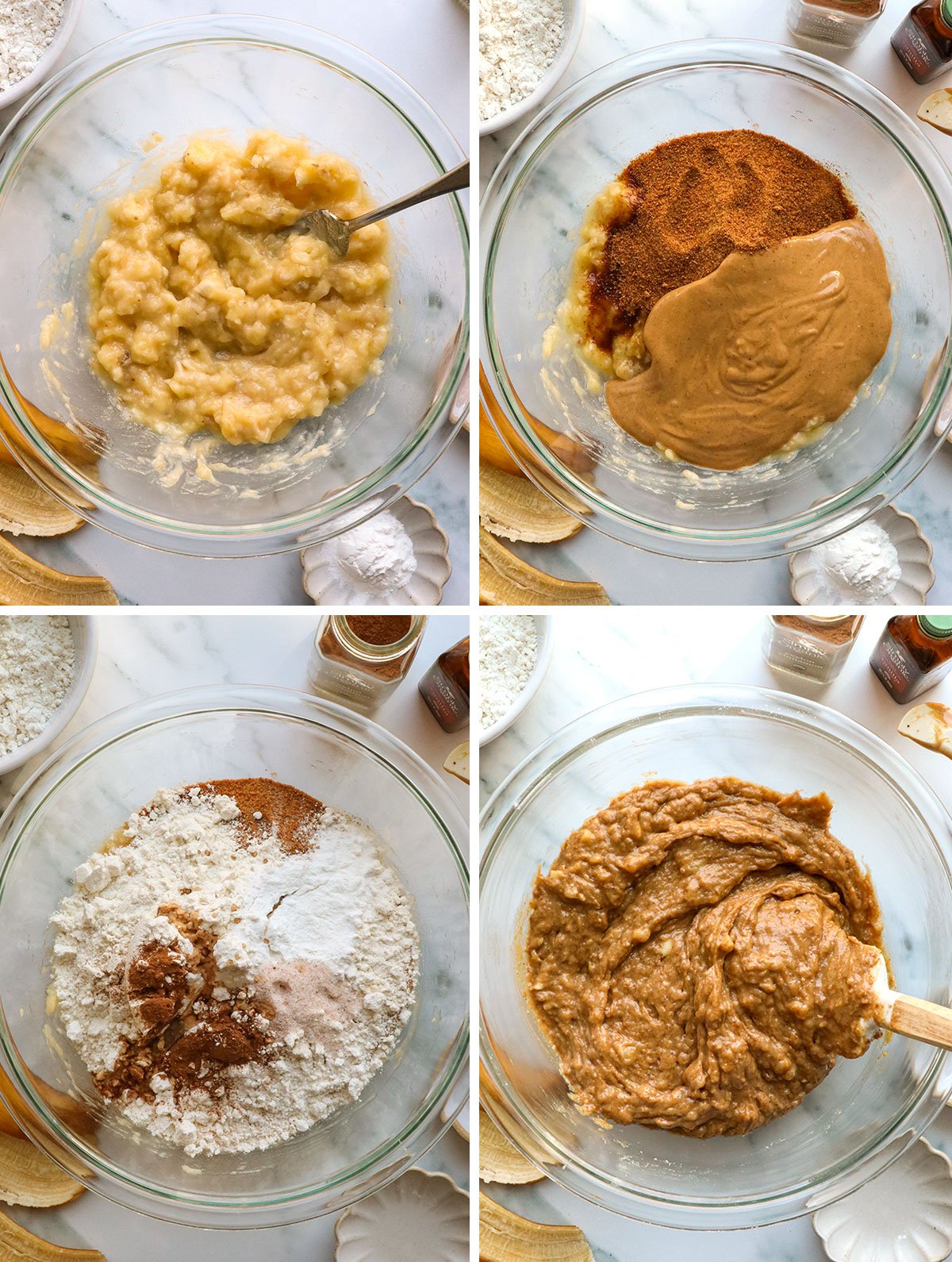 mashed banana mixed with nut butter and gluten free flour for banana bread batter.