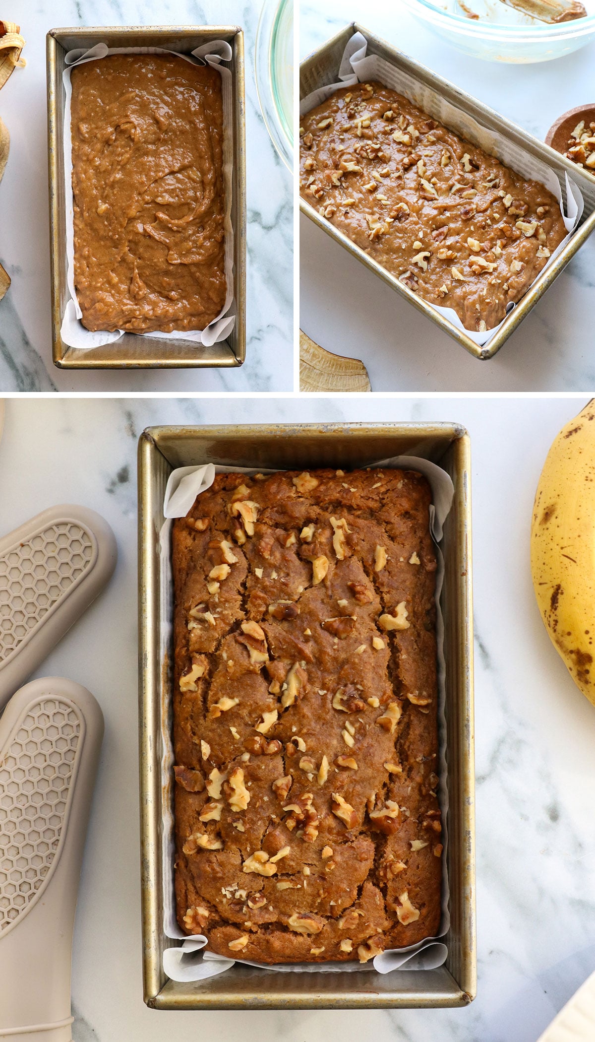 gluten free vegan banana bread spread in a loaf pan and baked.