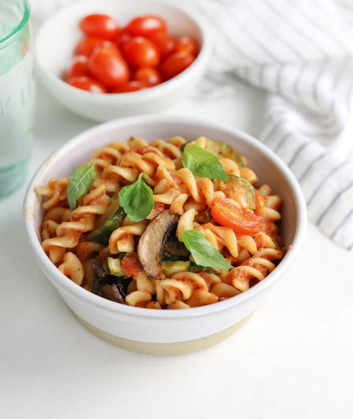 easy vegan pasta in white bowl