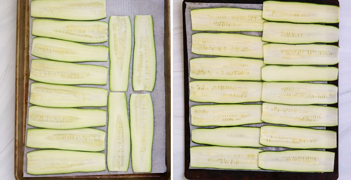 zucchini strips on baking sheets.