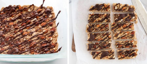 granola bars drizzed with chocolate and sliced