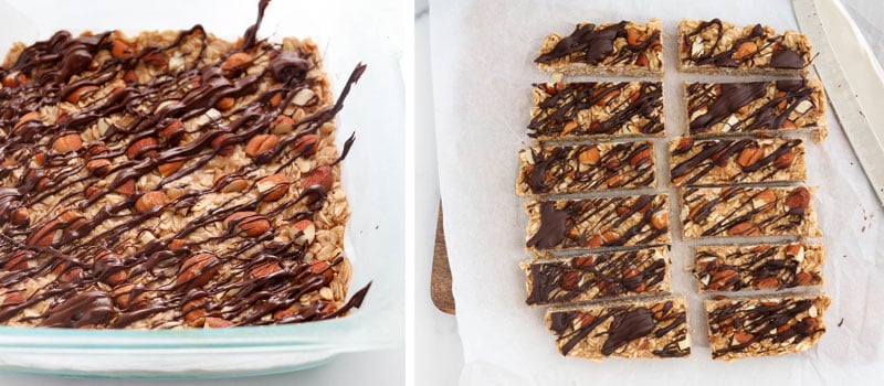 granola bars drizzed with chocolate and sliced