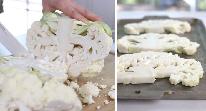 how to cut cauliflower steak and on a pan