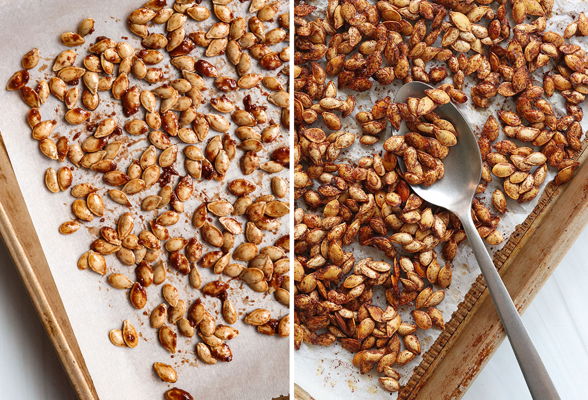 seeds before and after roasting on the pan.