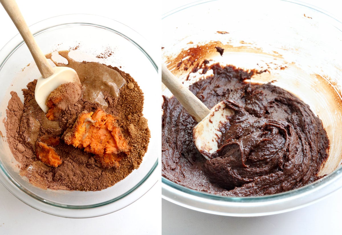 sweet potato brownie batter mixed in glass bowl