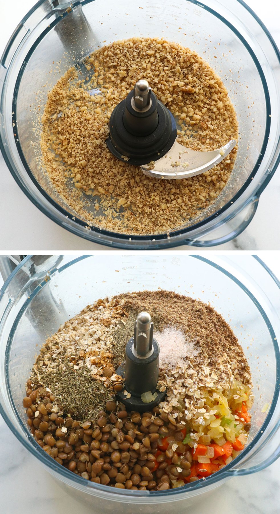 walnuts pulsed in a food processor with lentils, veggies, and ground flax added after.