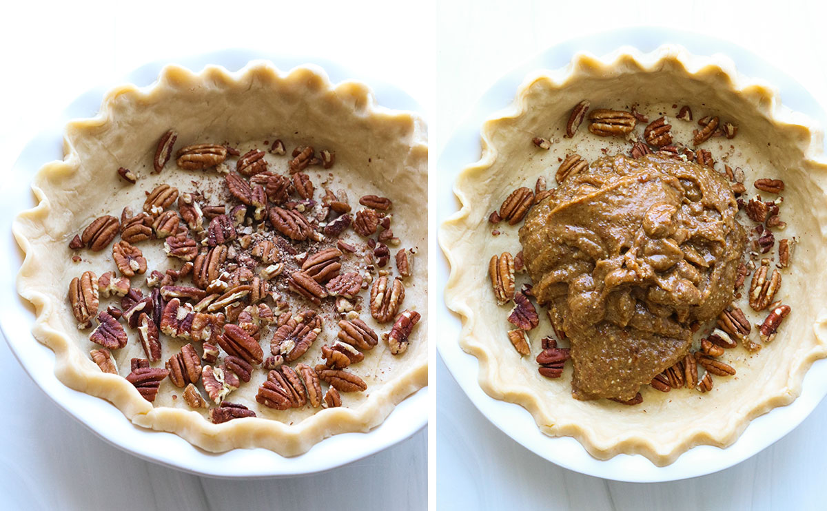 pecans and filling added to an unbaked pie crust.