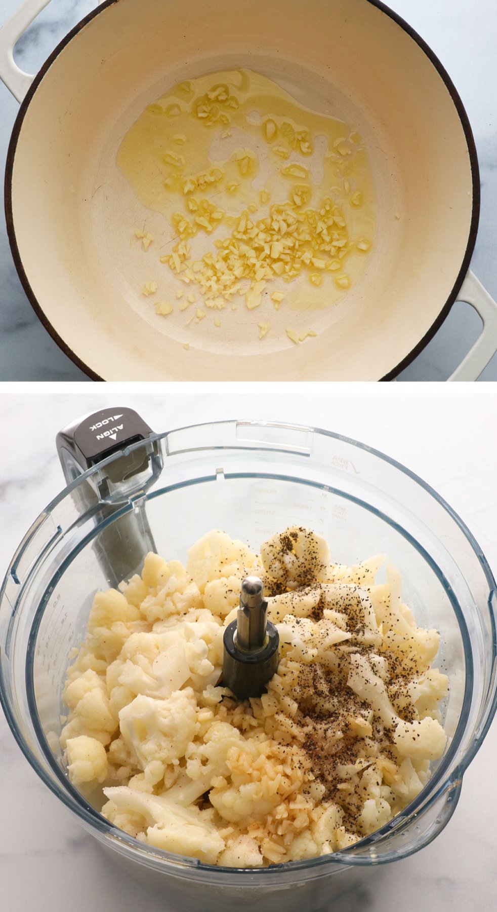 garlic sauteed in olive oil and added to a food processor. 