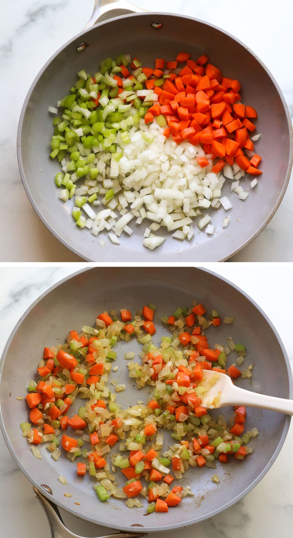 sauteed onion, carrot, and celery in a gray skillet.