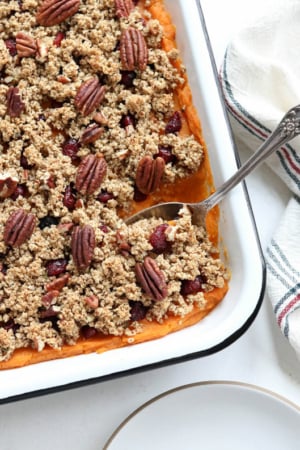 sweet potato casserole with pecans on top