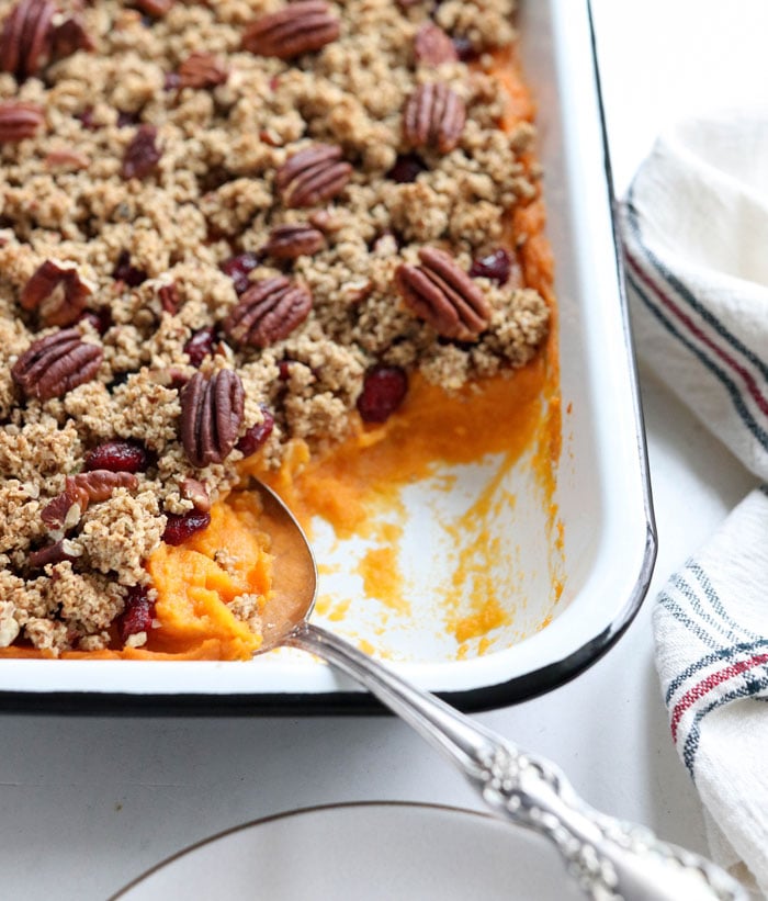 sweet potato casserole with pecans on top